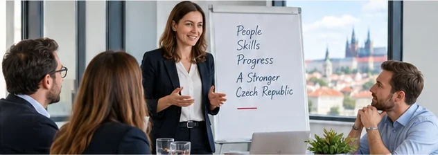 Facilitator leading a workshop discussion with Prague behind
