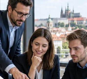 Colleagues working together at a laptop with Prague Castle in the distance