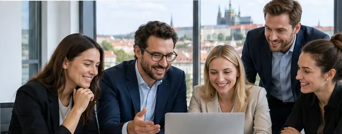 Colleagues collaborating around a laptop in a Prague office