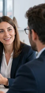Facilitator talking with a colleague in a meeting