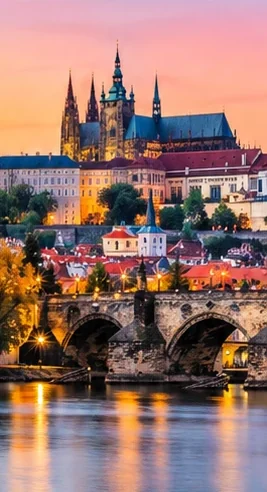 Prague Castle and Charles Bridge at dusk