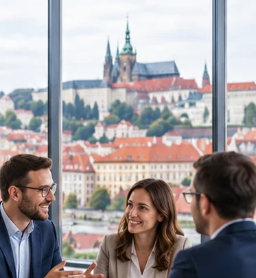 Colleagues planning training together in an office overlooking Prague Castle