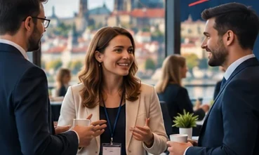 Colleagues networking at an event in Prague