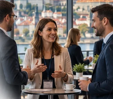 Colleagues networking over coffee with Prague Castle in the background