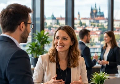 Colleagues talking at a business event in Prague